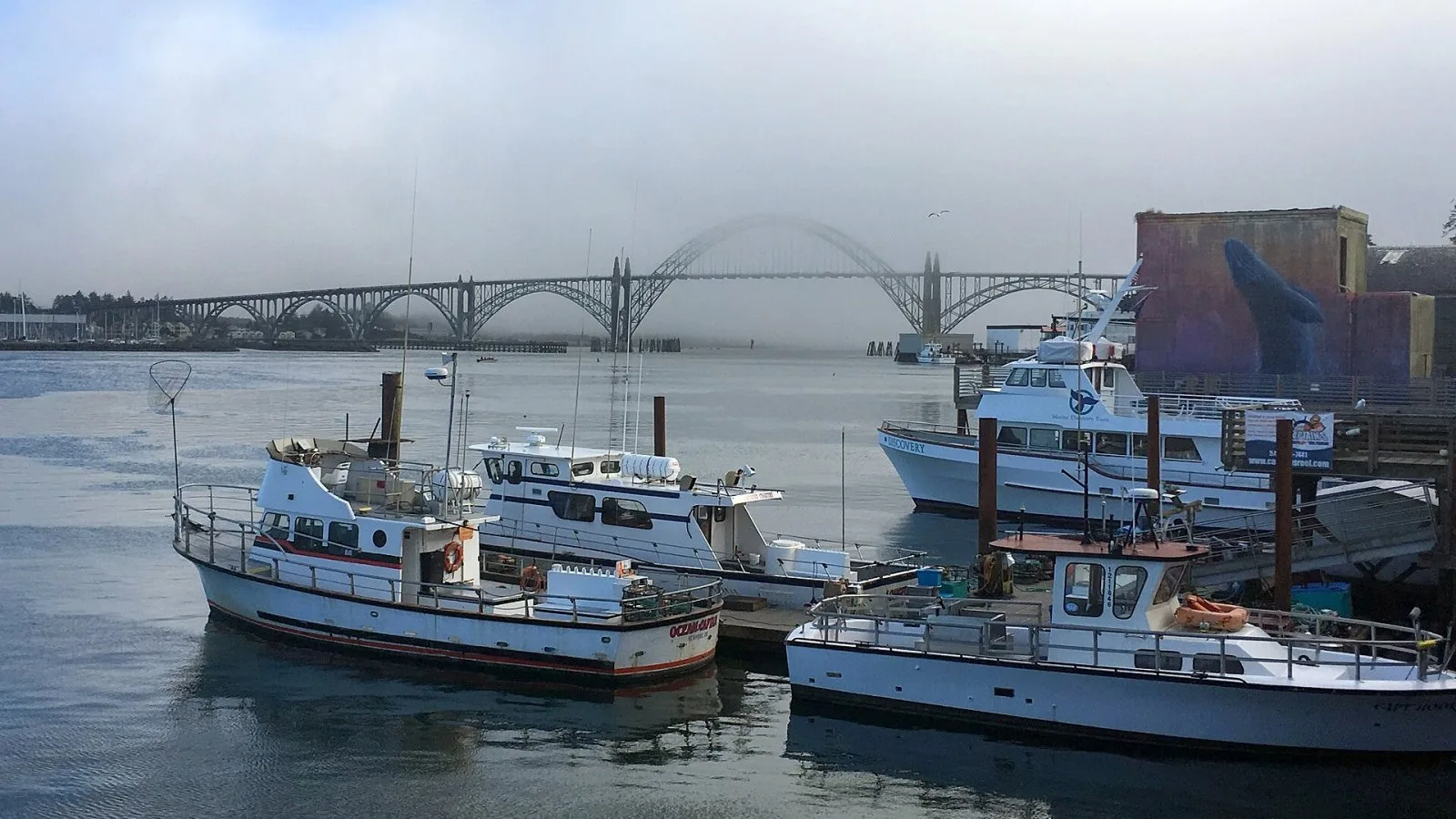 Yaquina Bay harbor and bridge moody fog - Newport Oregon