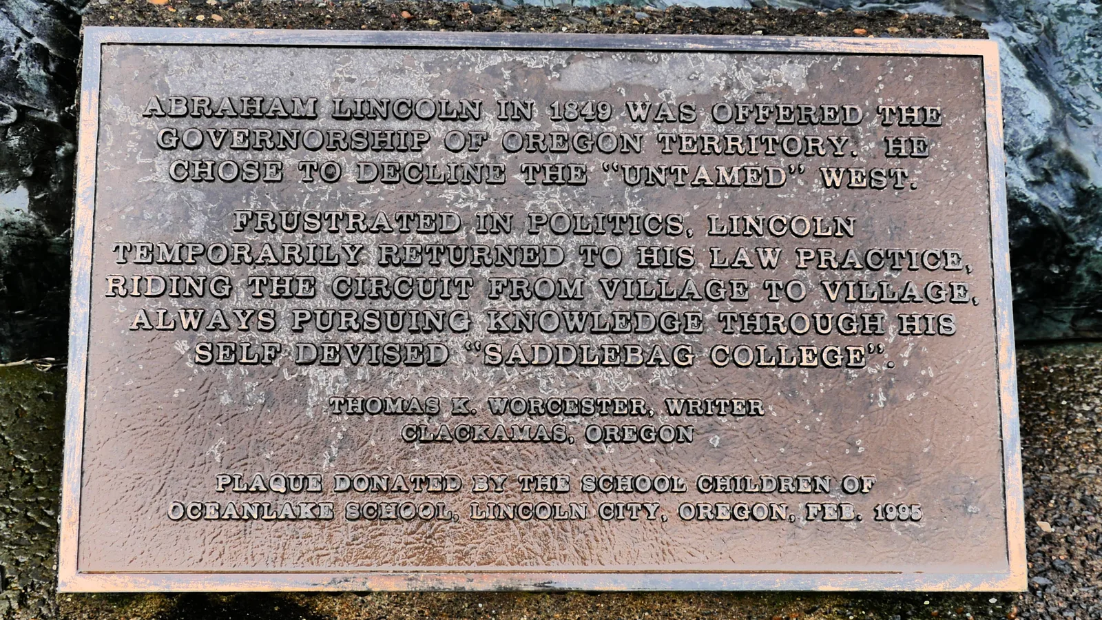 The Abraham Lincoln plaque in Lincoln City, Oregon